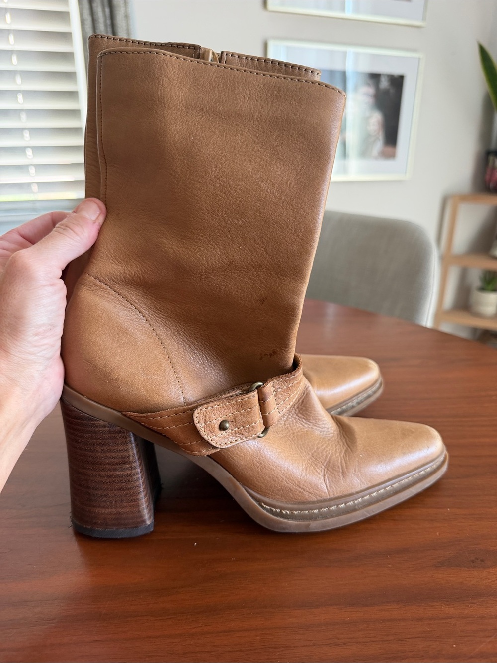 Women's Tan Genuine Leather Mid-Calf Heeled Boots